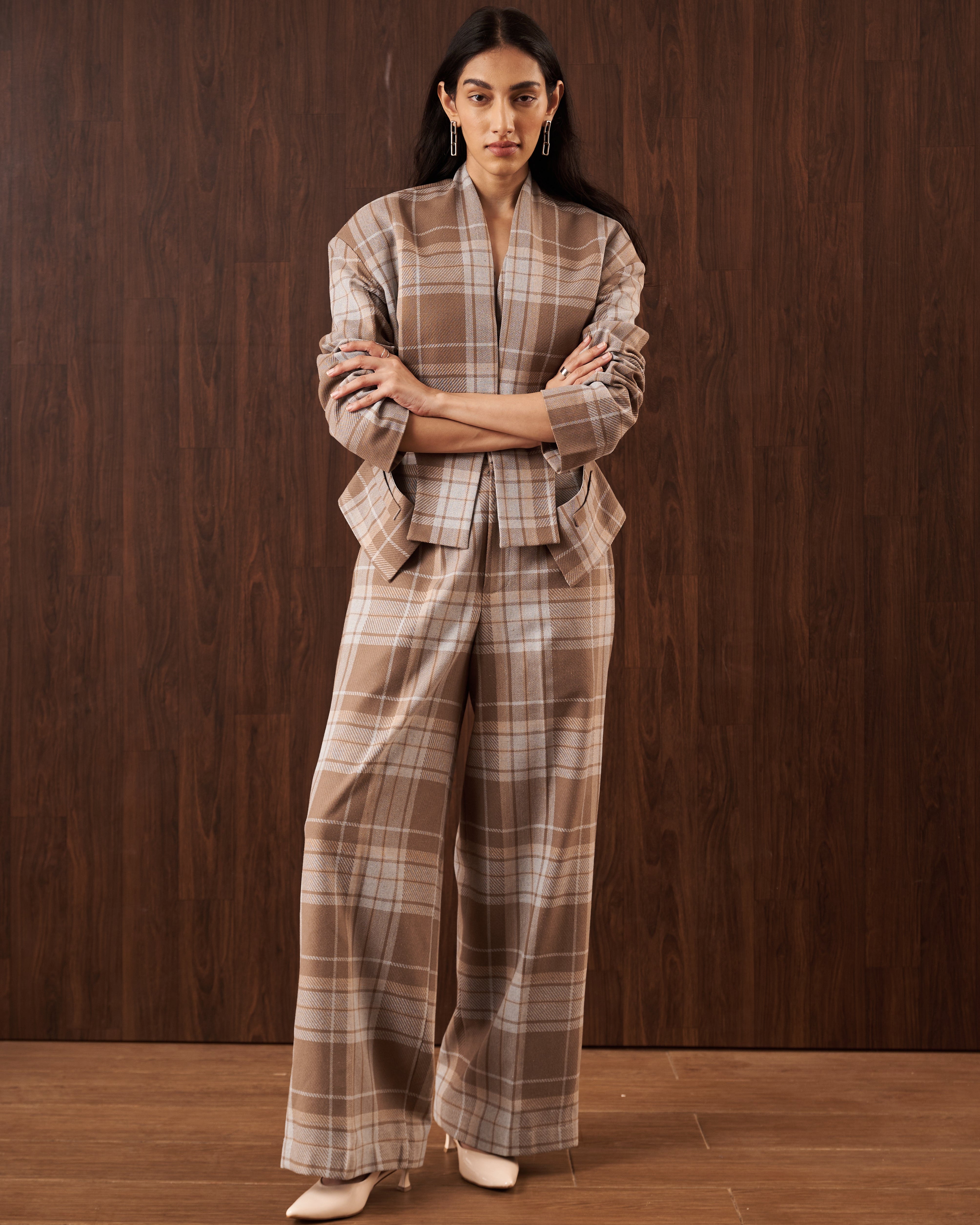 Neutral Plaid Wide-Leg Pants