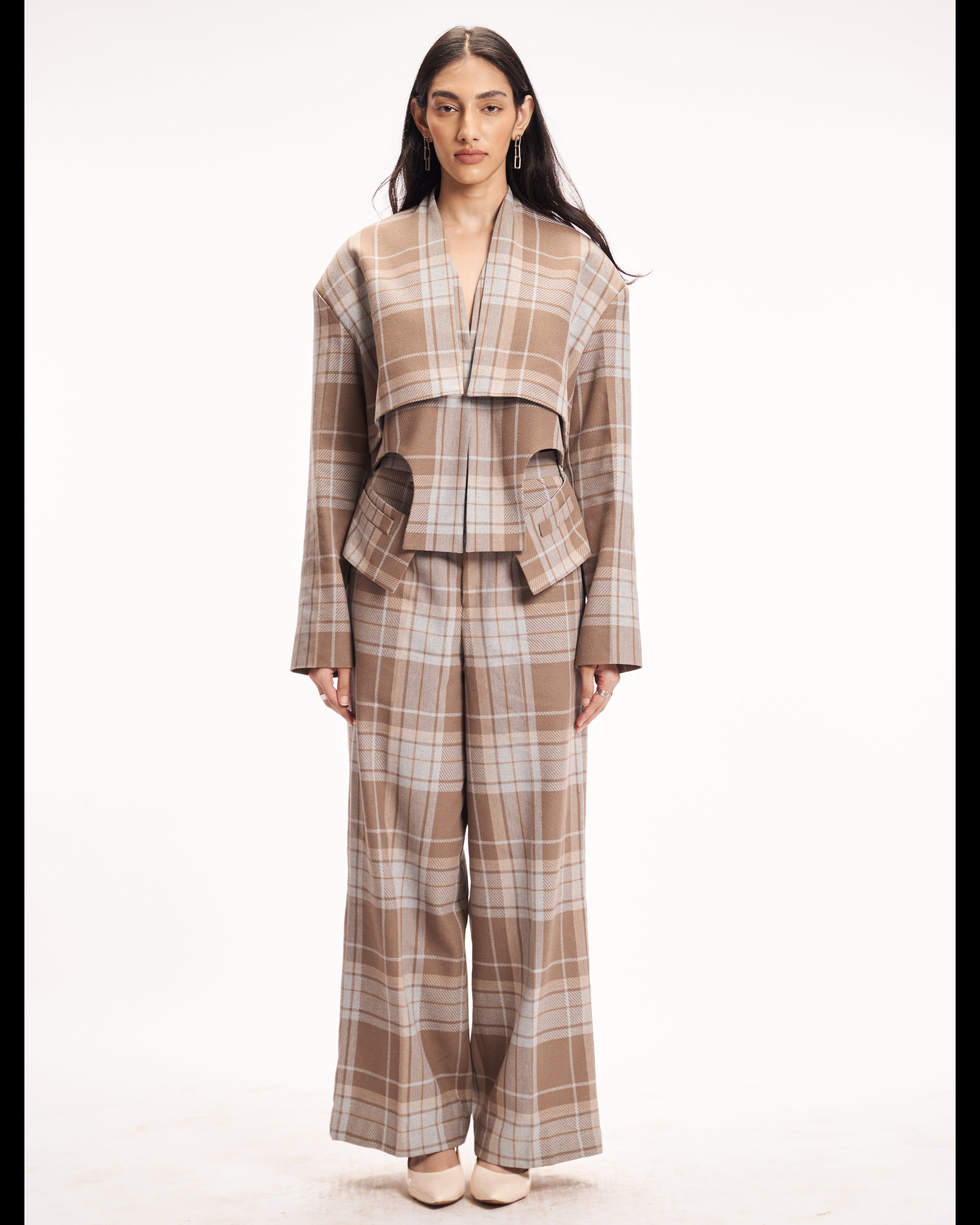 Neutral Plaid Wide-Leg Pants