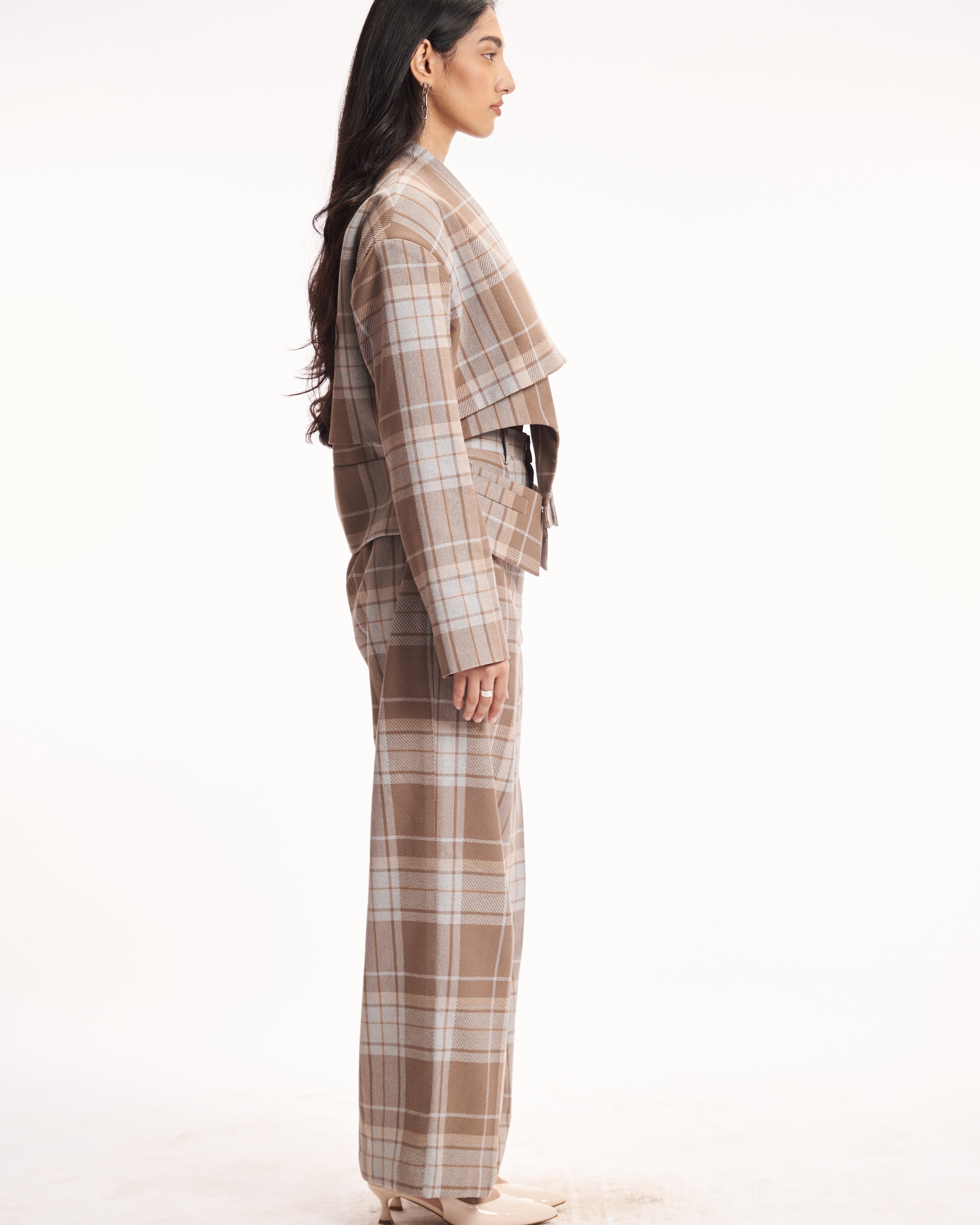 Neutral Plaid Wide-Leg Pants