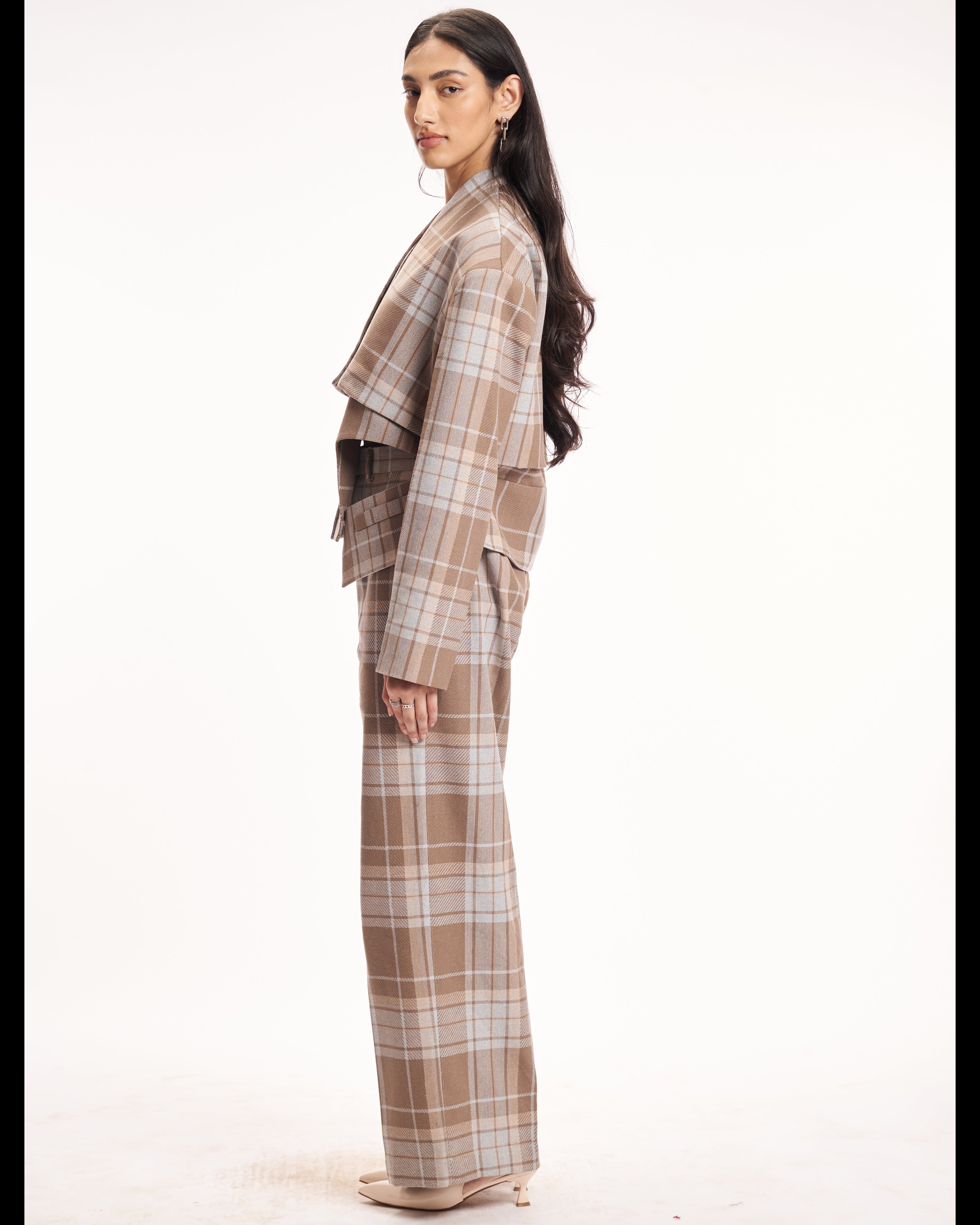 Neutral Plaid Wide-Leg Pants