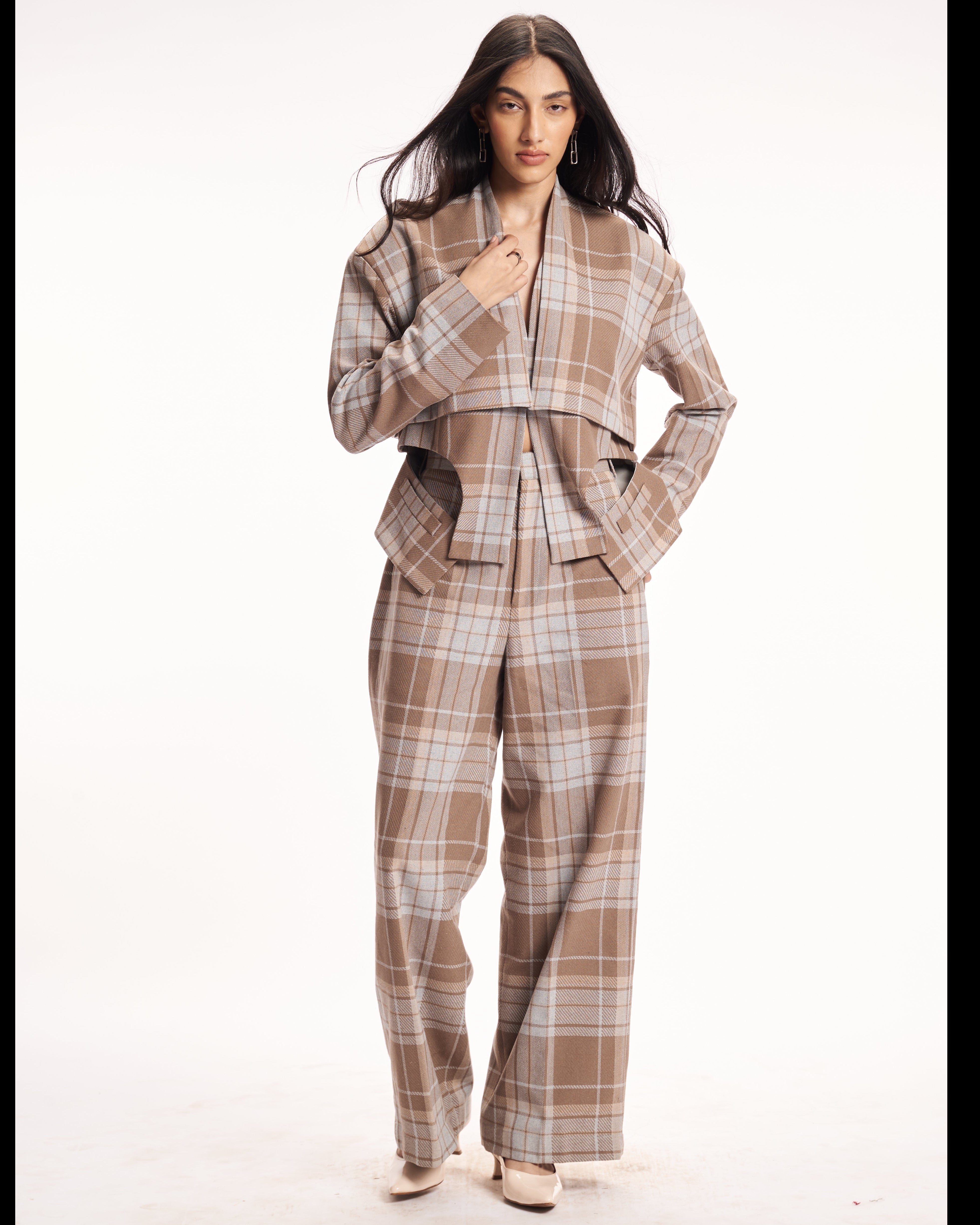Neutral Plaid Wide-Leg Pants