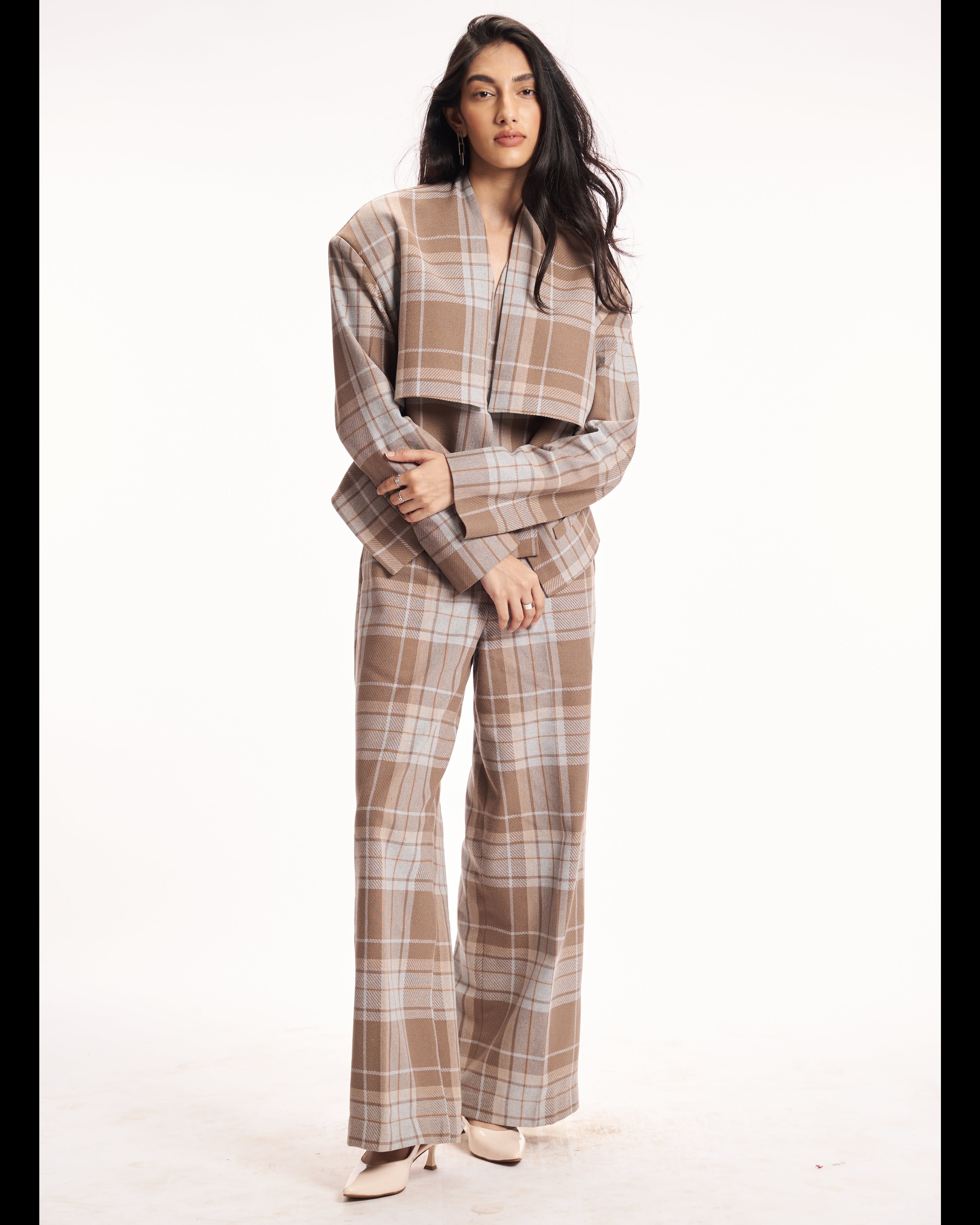 Neutral Plaid Wide-Leg Pants