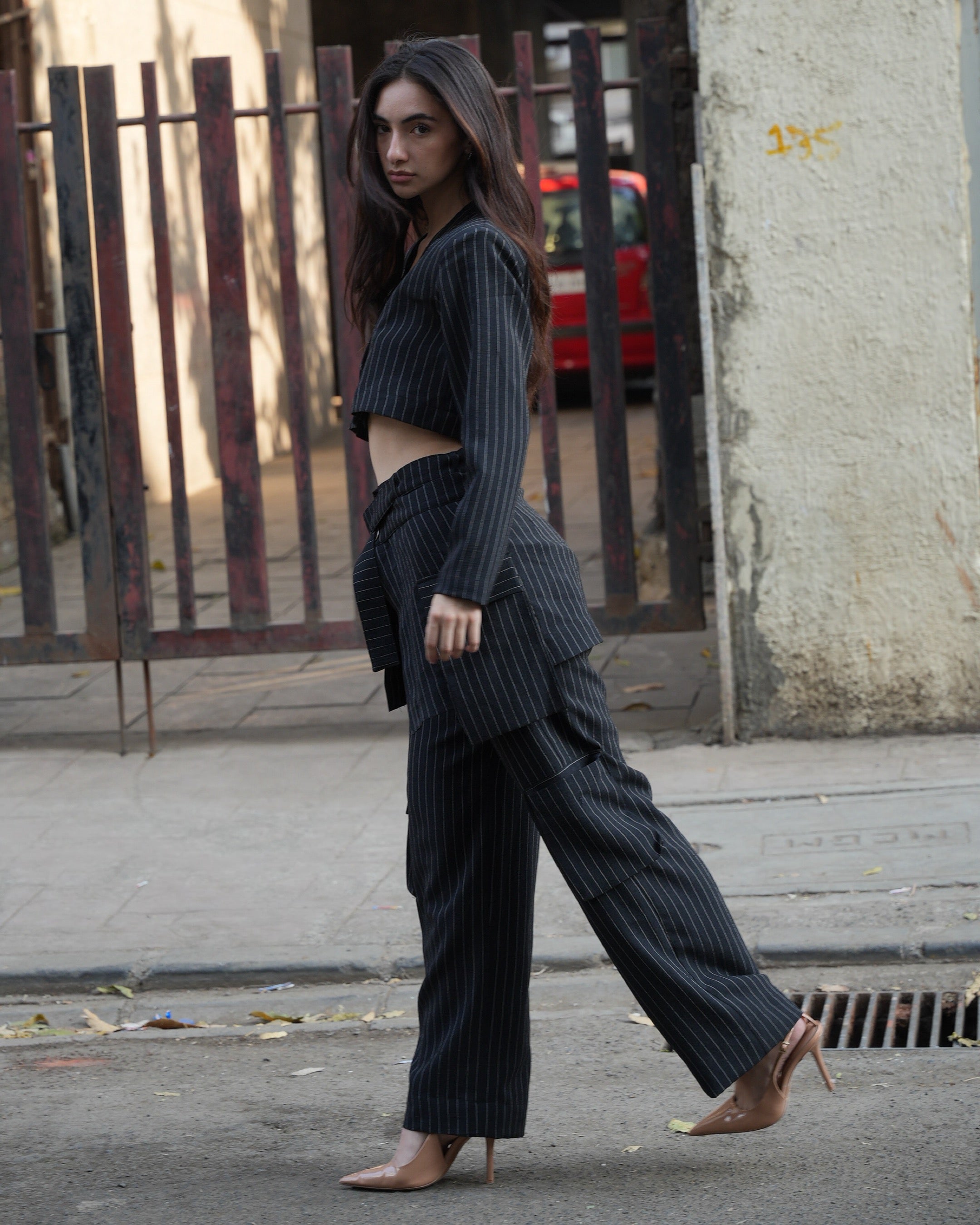 Pinstripe peplum pants