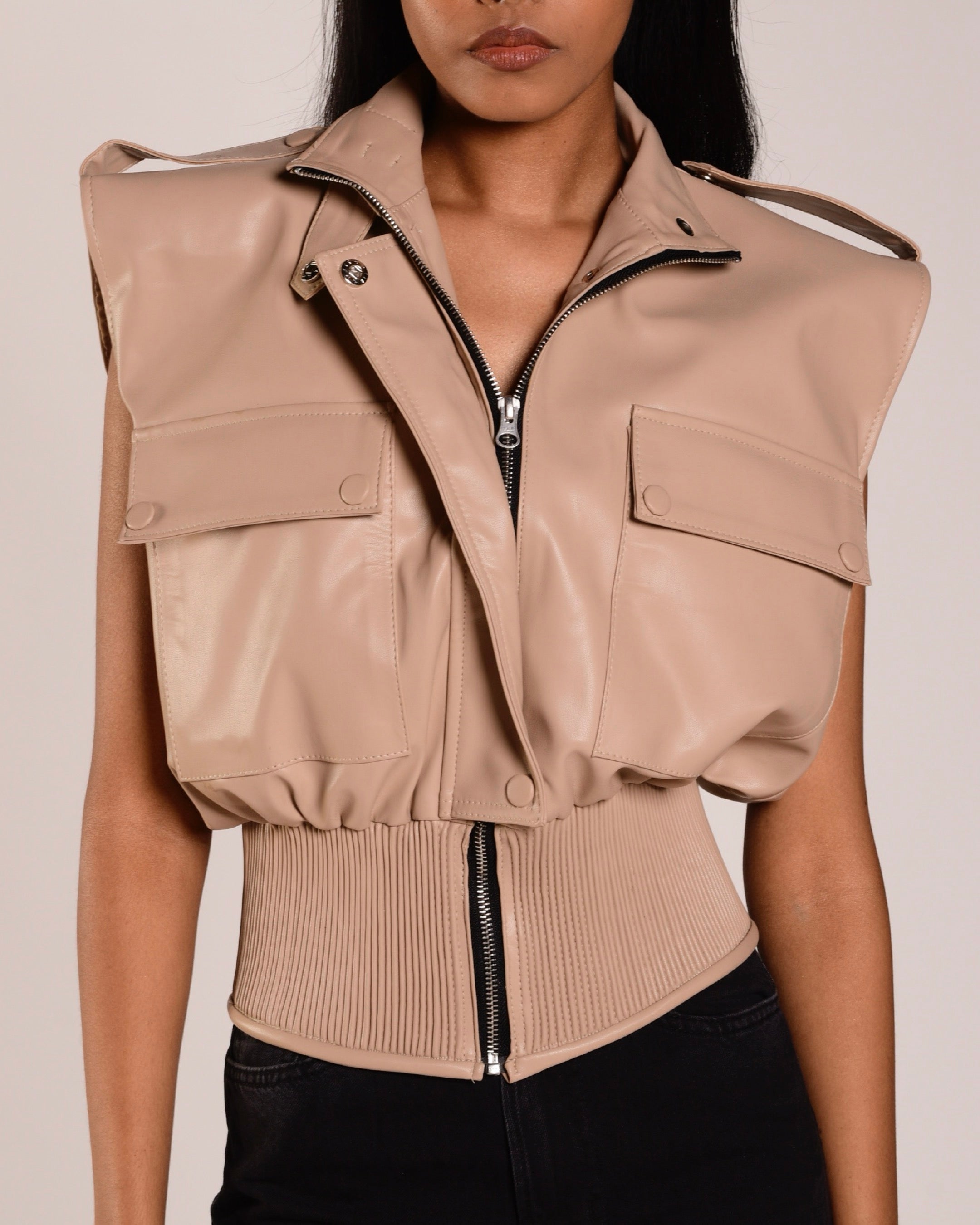 Leather beige ribbed vest