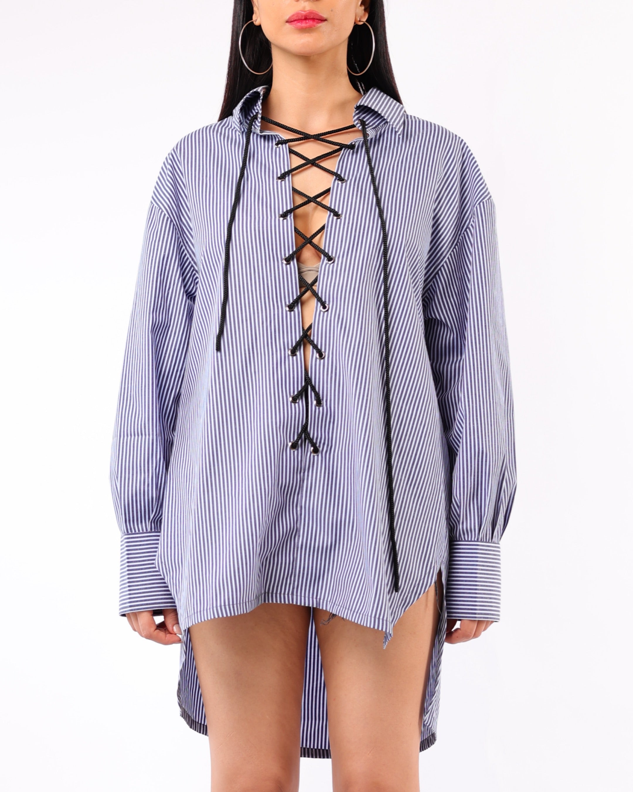Blue Pinstripe Tie Up Shirt