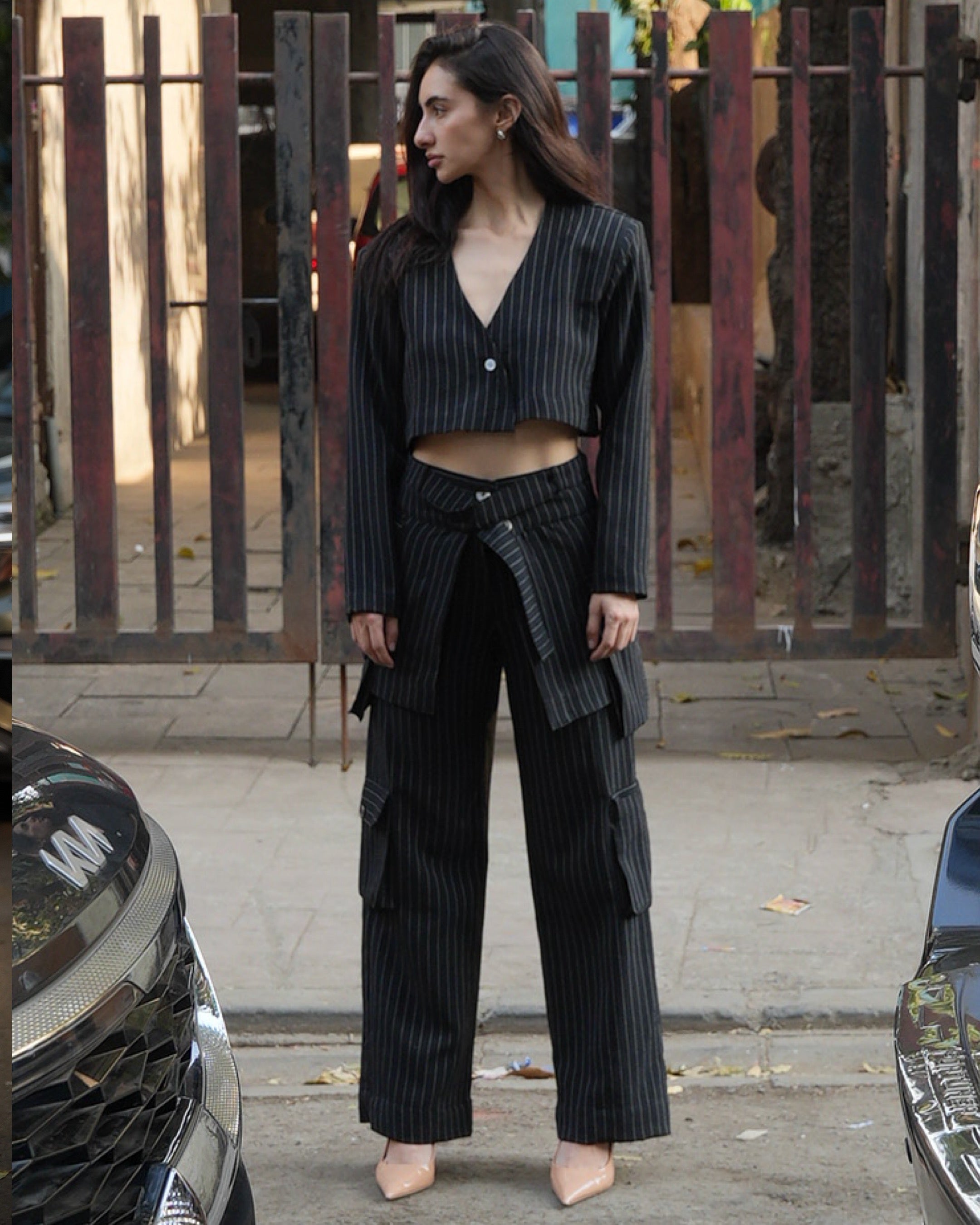 Pinstripe peplum pants