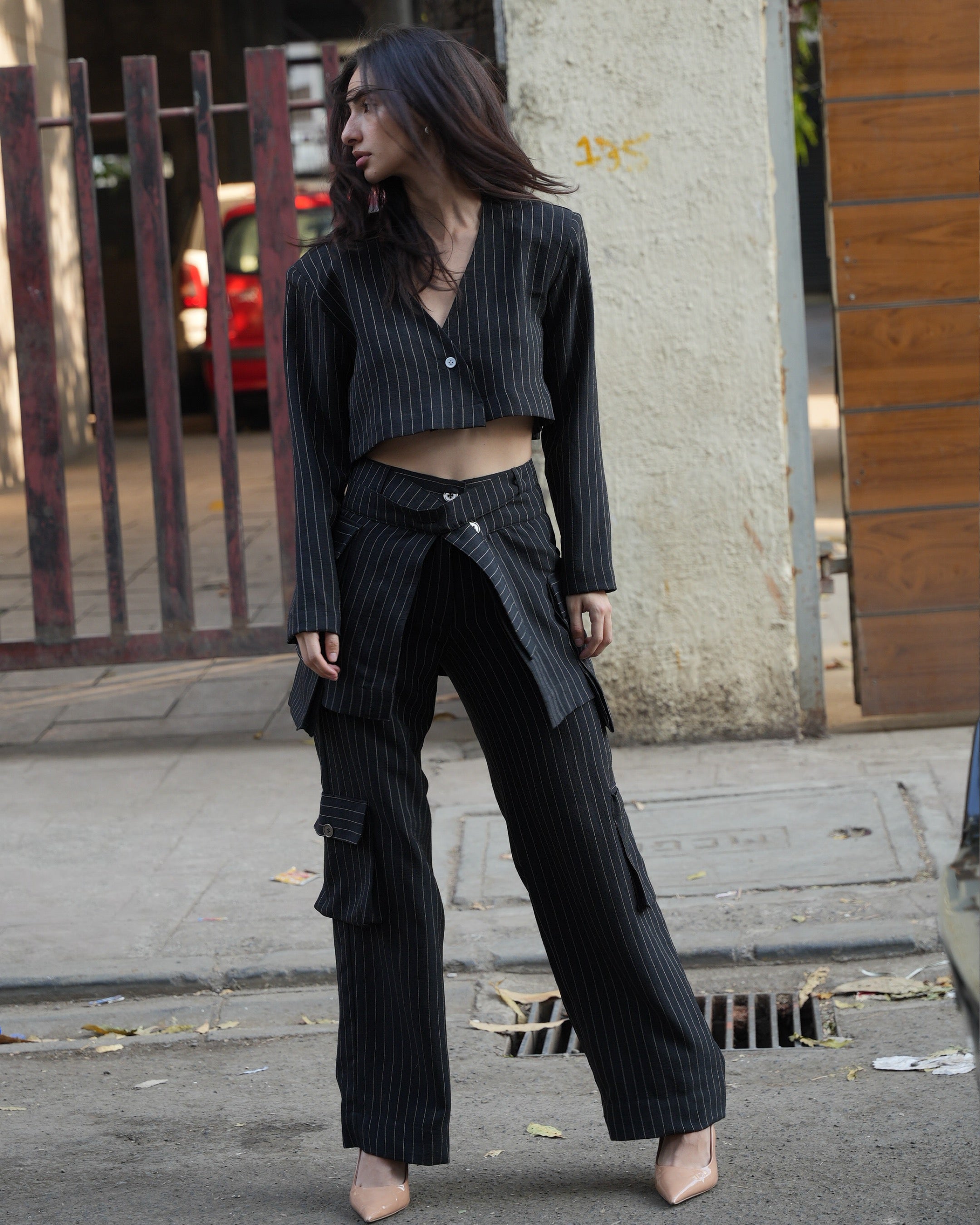 Pinstripe peplum pants