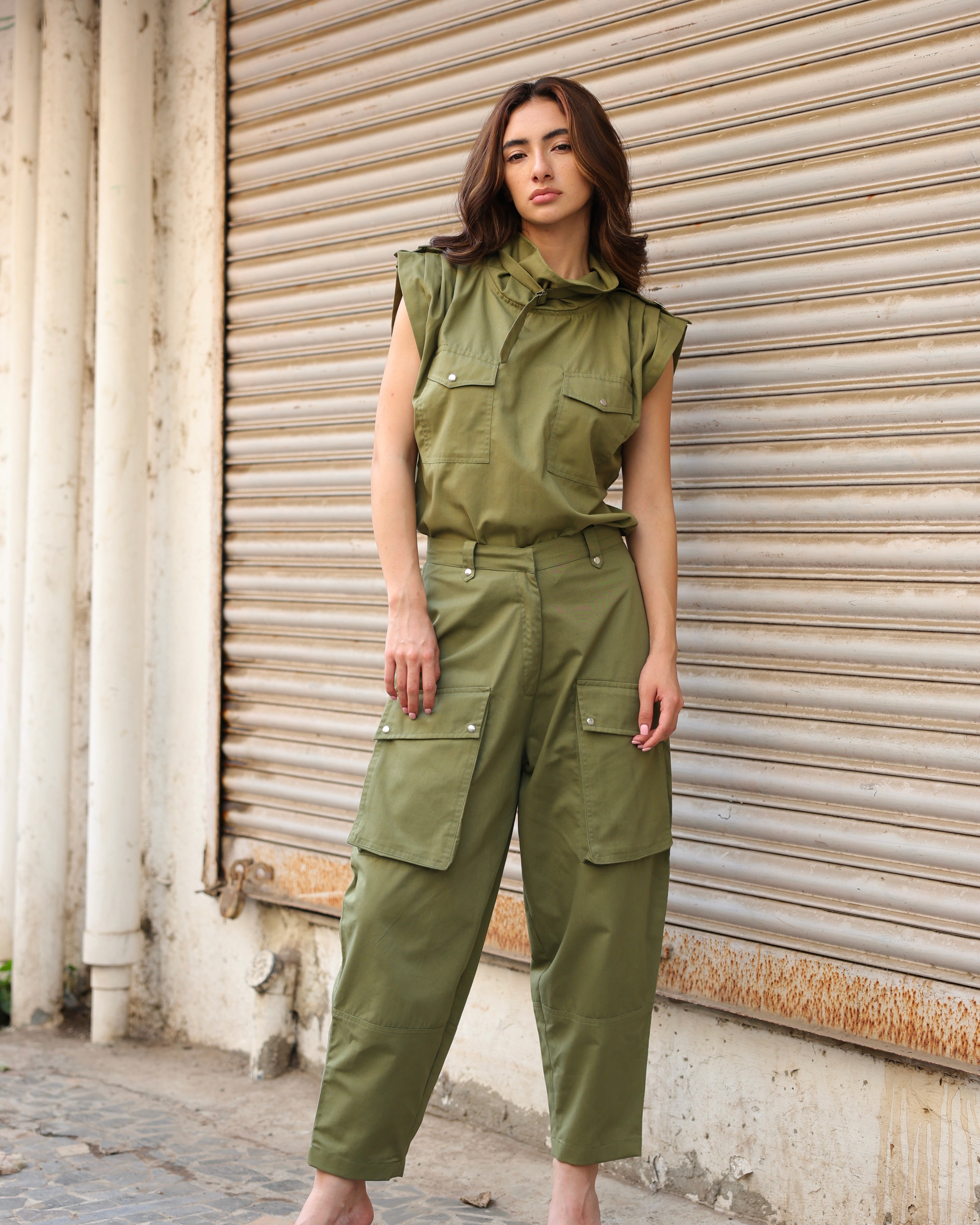 Women's Sienna Utility Top in green featuring structured design and utility details