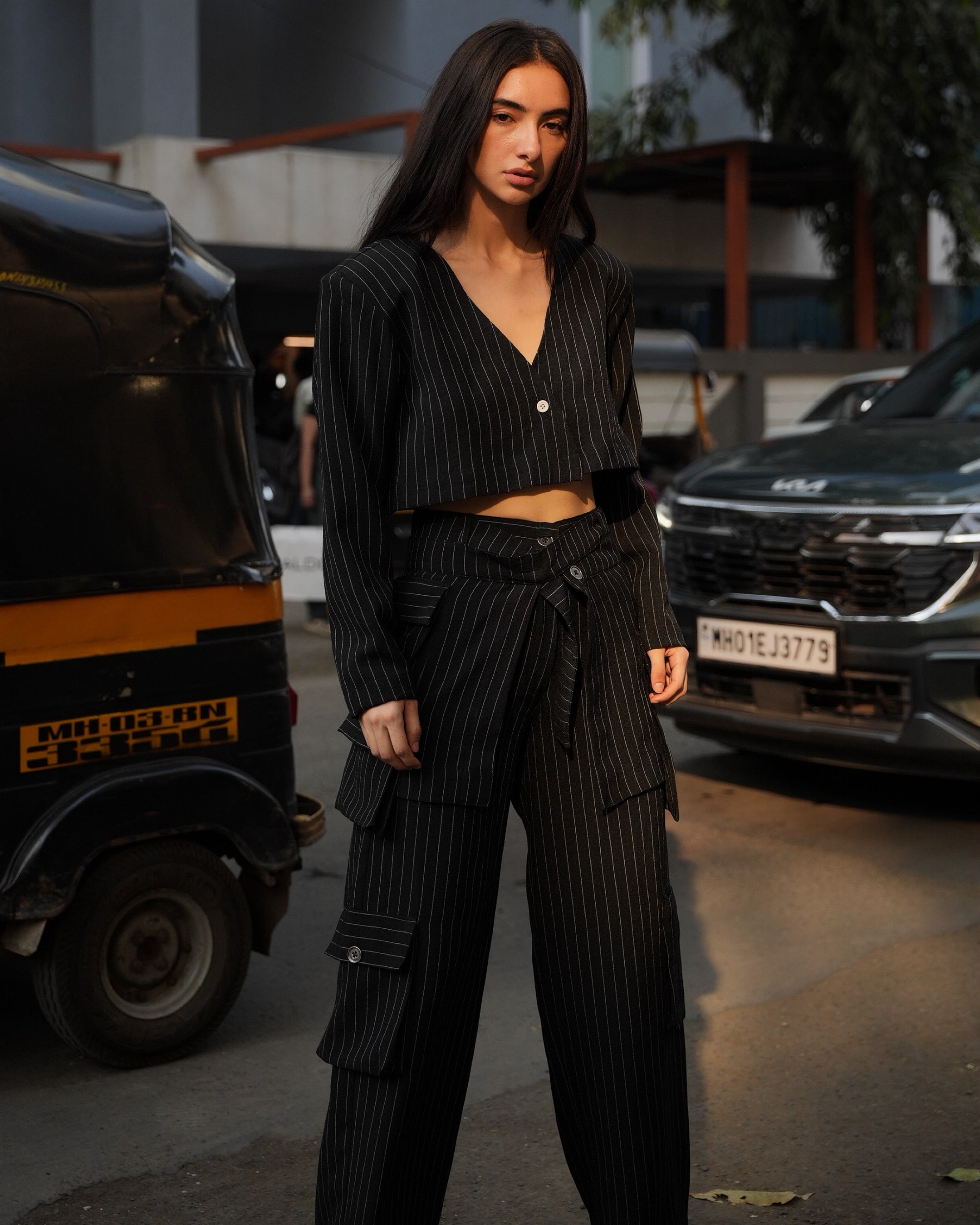 Pinstripe peplum pants
