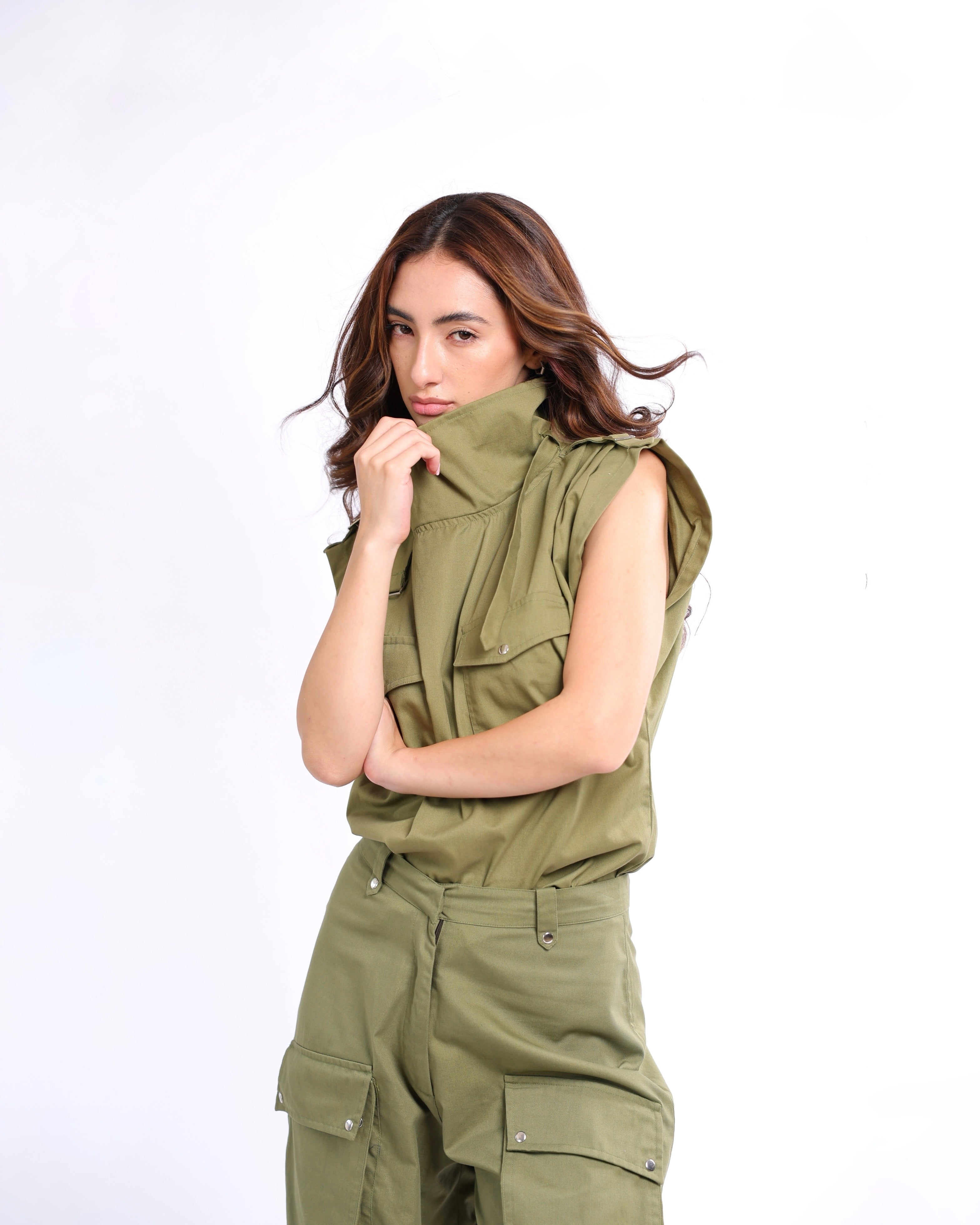Women's Sienna Utility Top in green featuring structured design and utility details