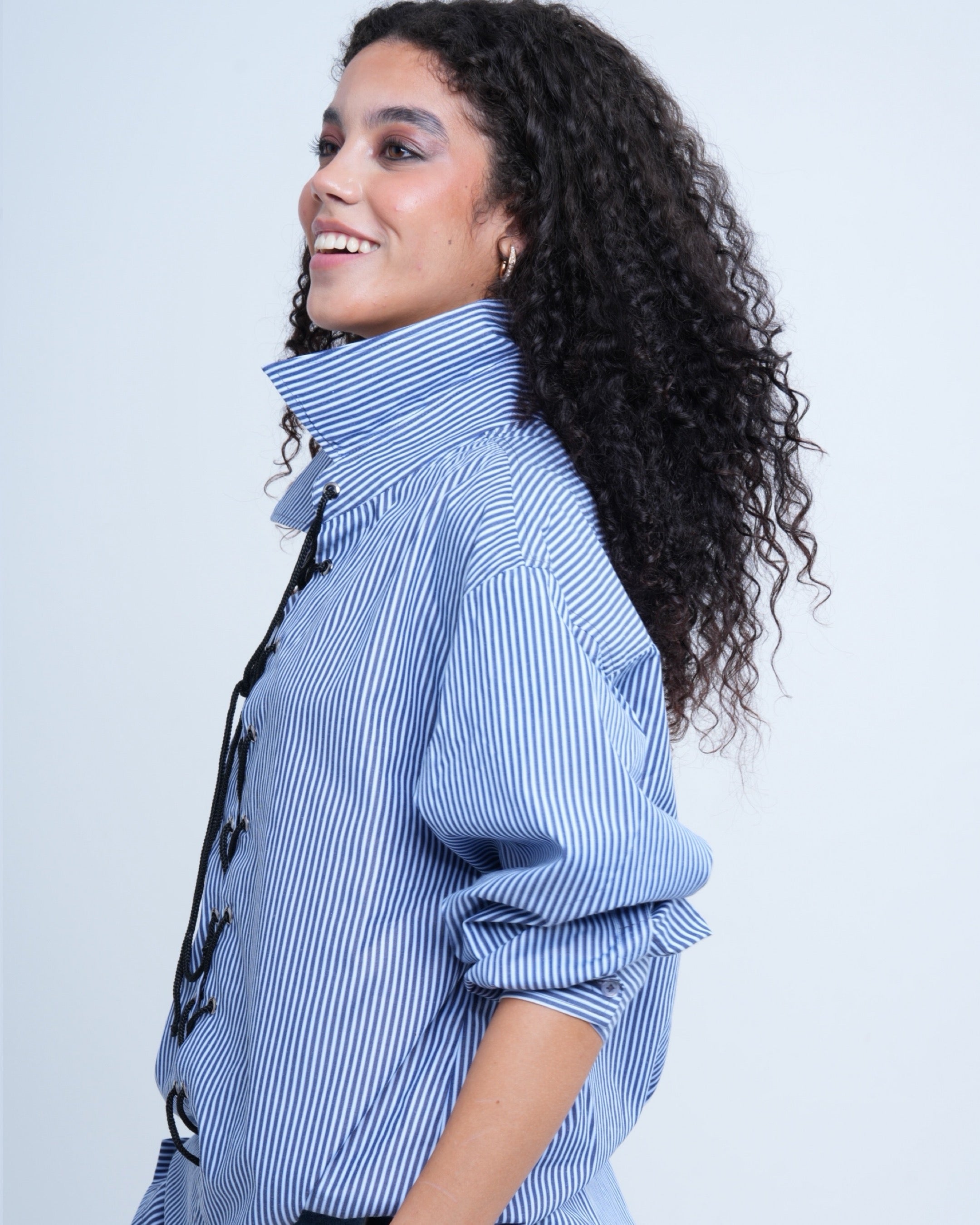 Blue Pinstripe Tie Up Shirt