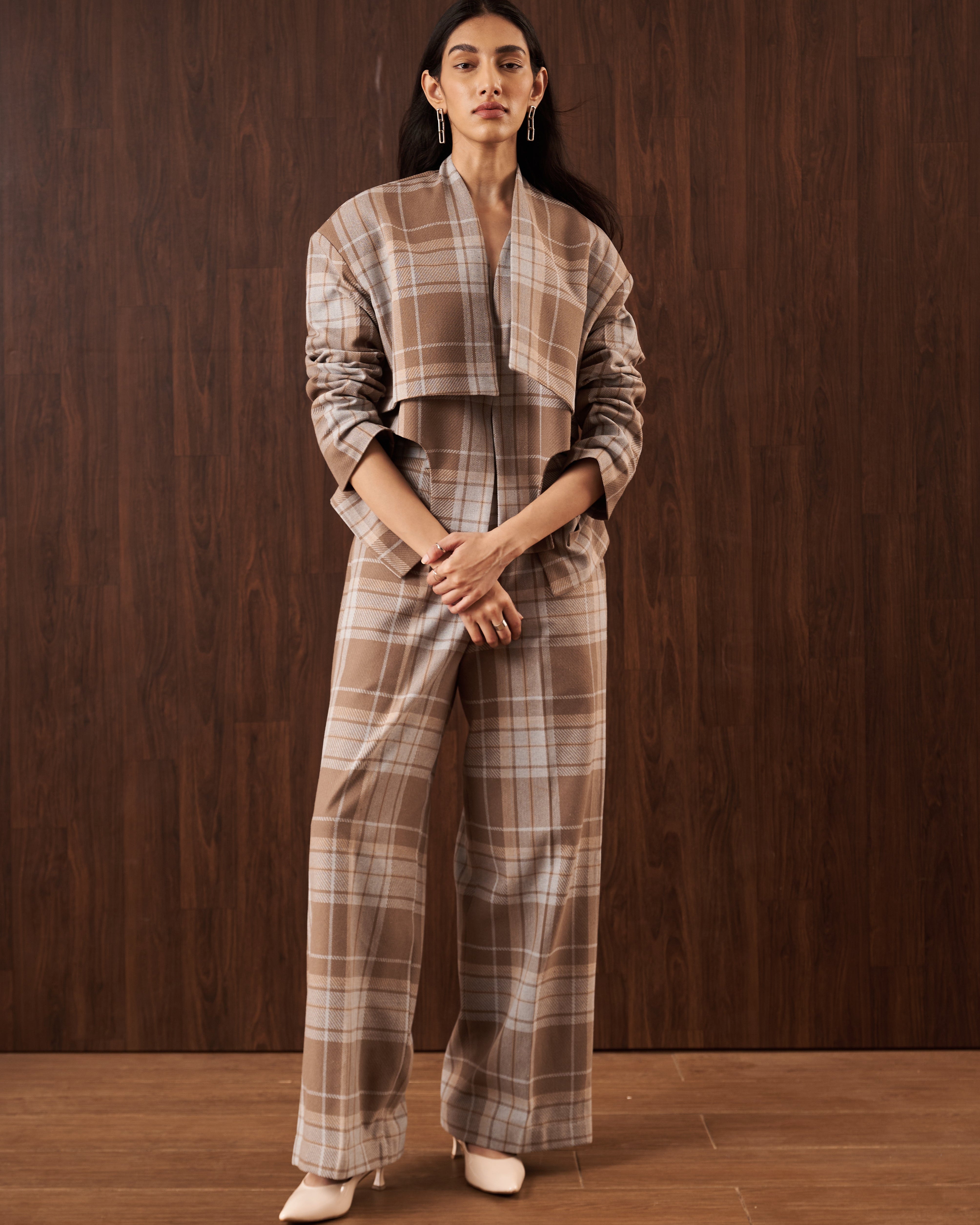 Neutral Plaid Wide-Leg Pants