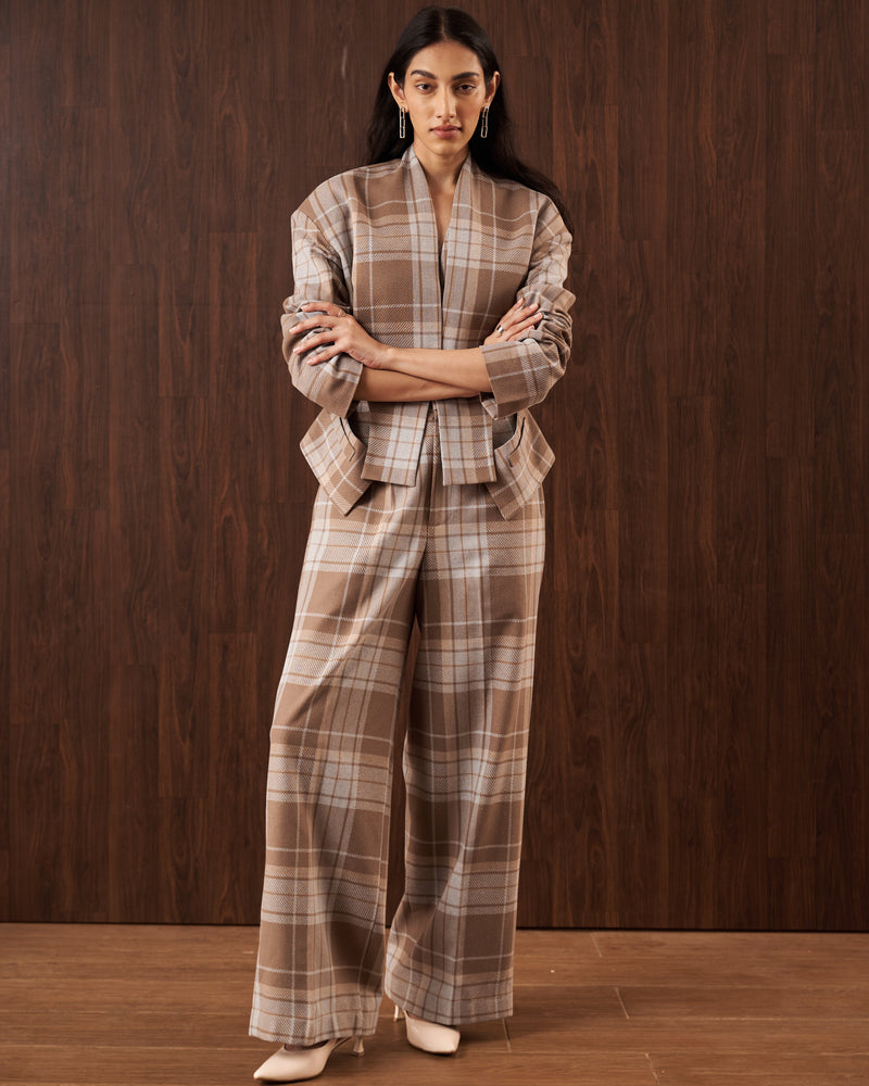 Neutral Plaid Wide-Leg Pants