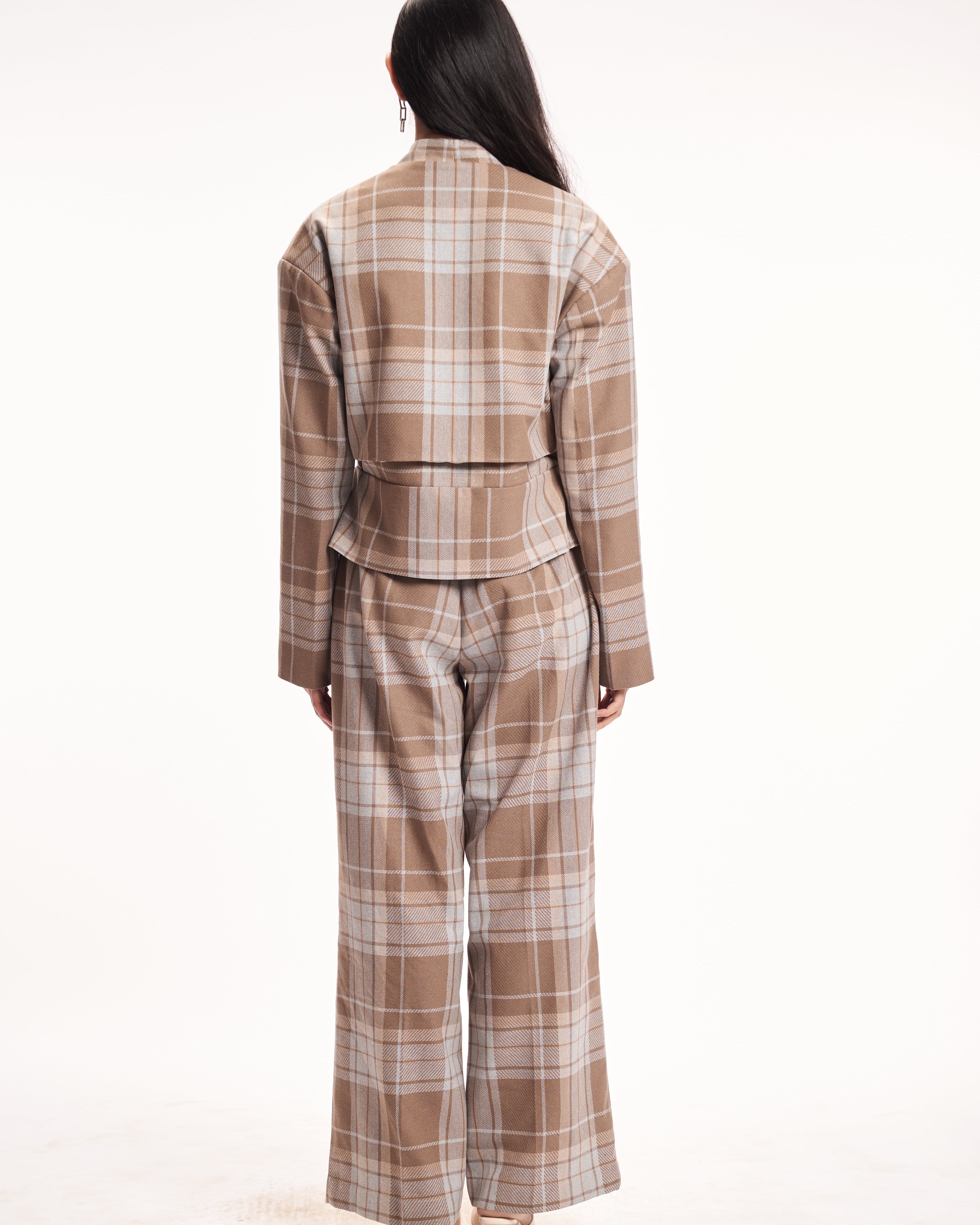 Neutral Plaid Wide-Leg Pants