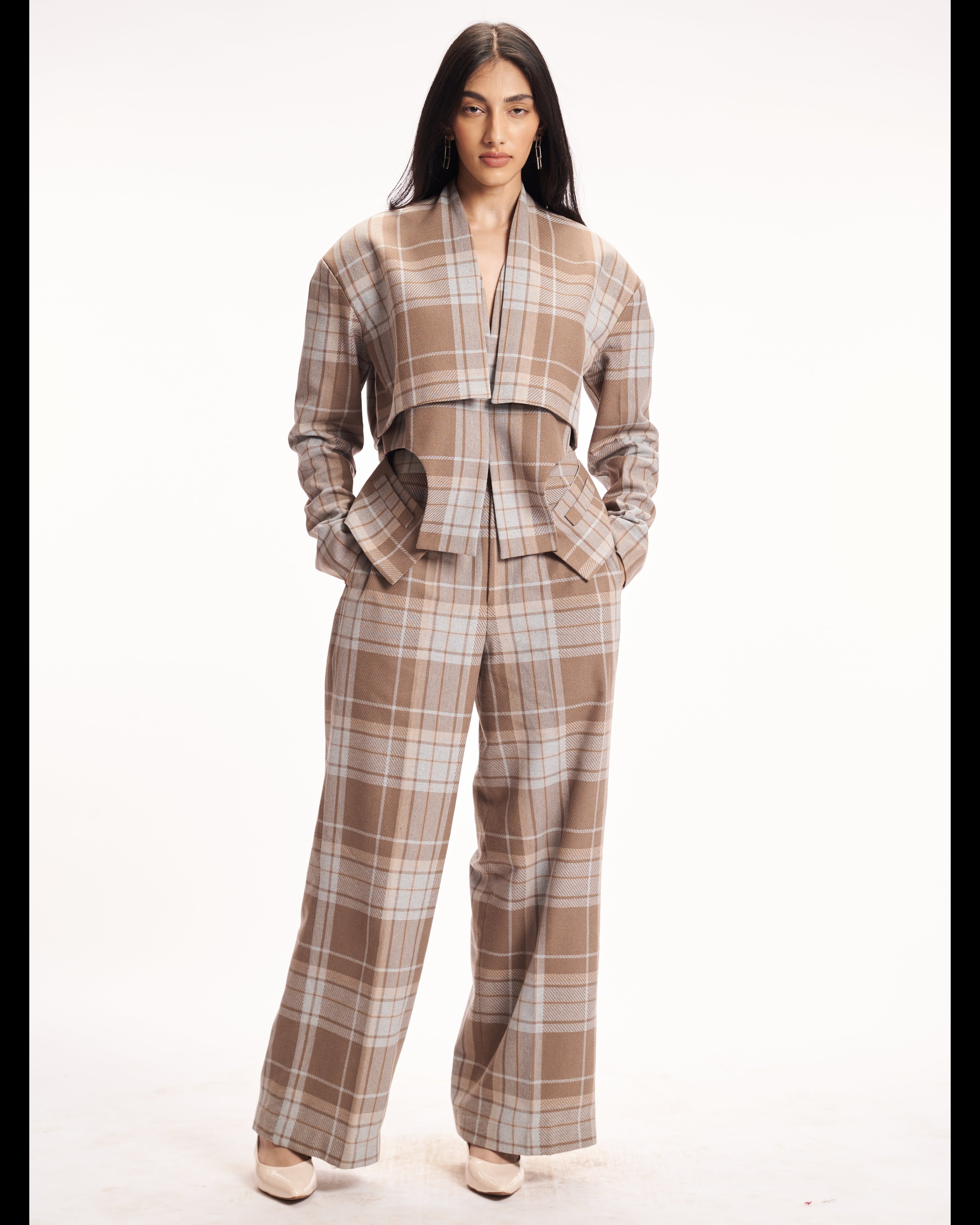 Neutral Plaid Wide-Leg Pants