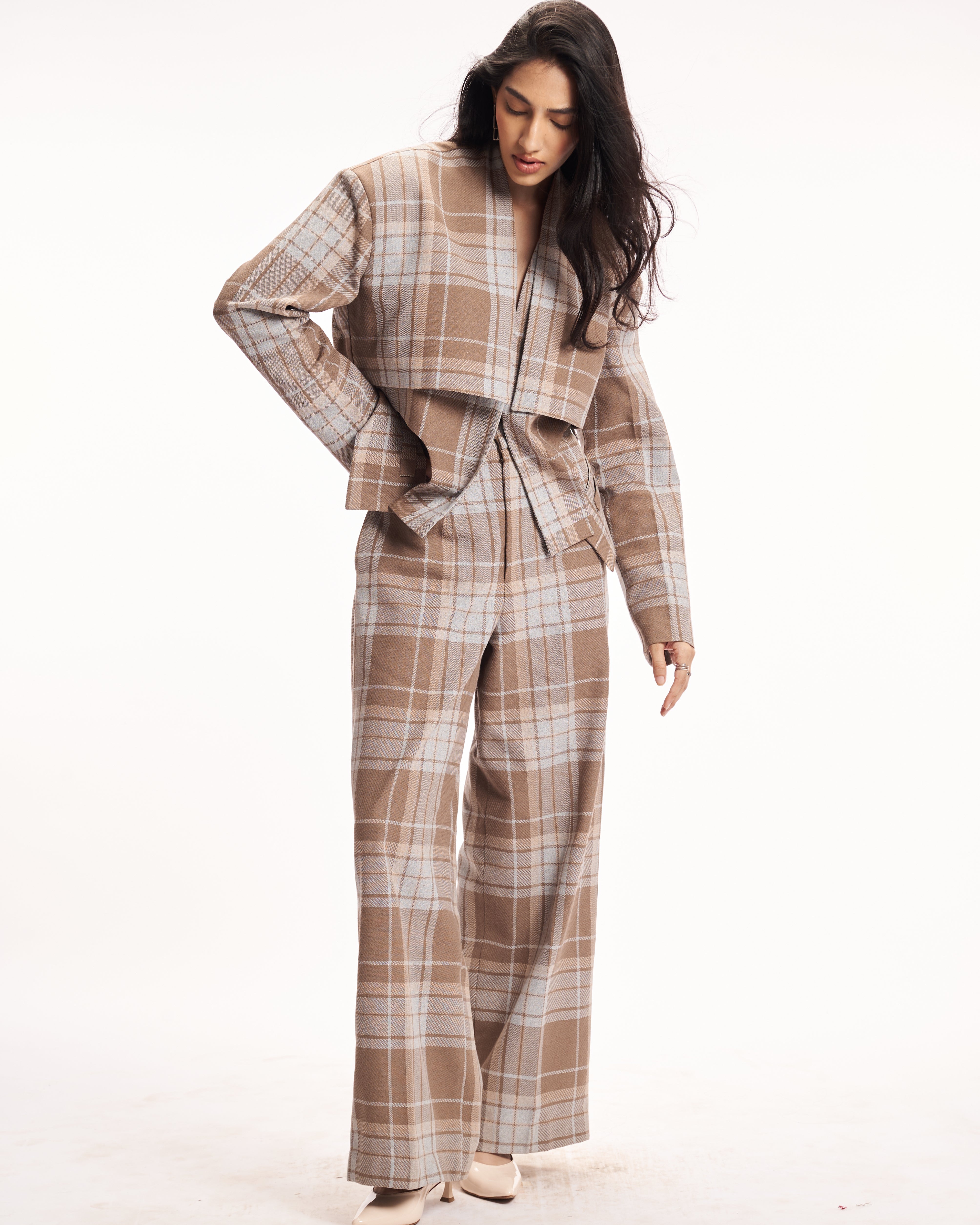Neutral Plaid Wide-Leg Pants