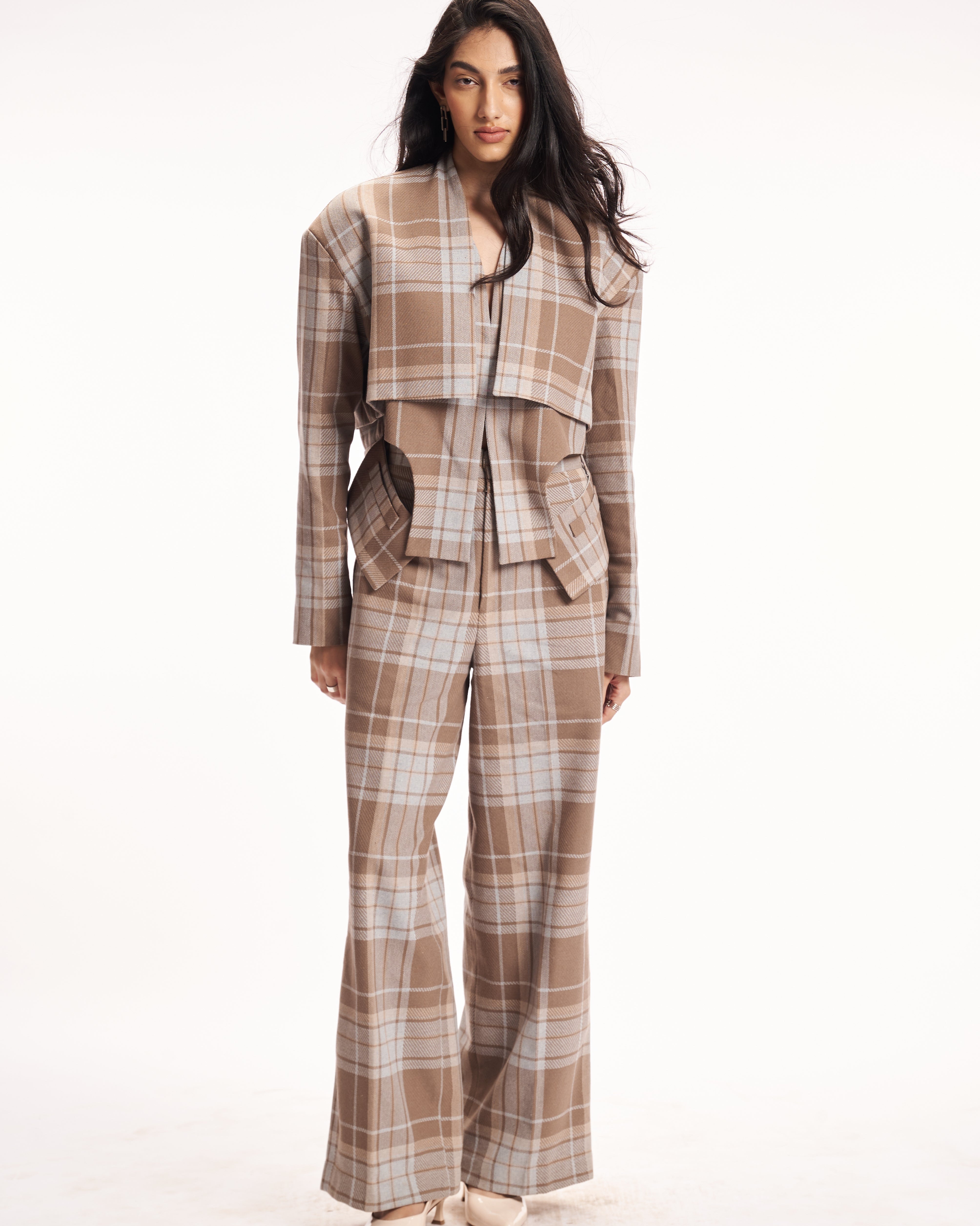 Neutral Plaid Wide-Leg Pants