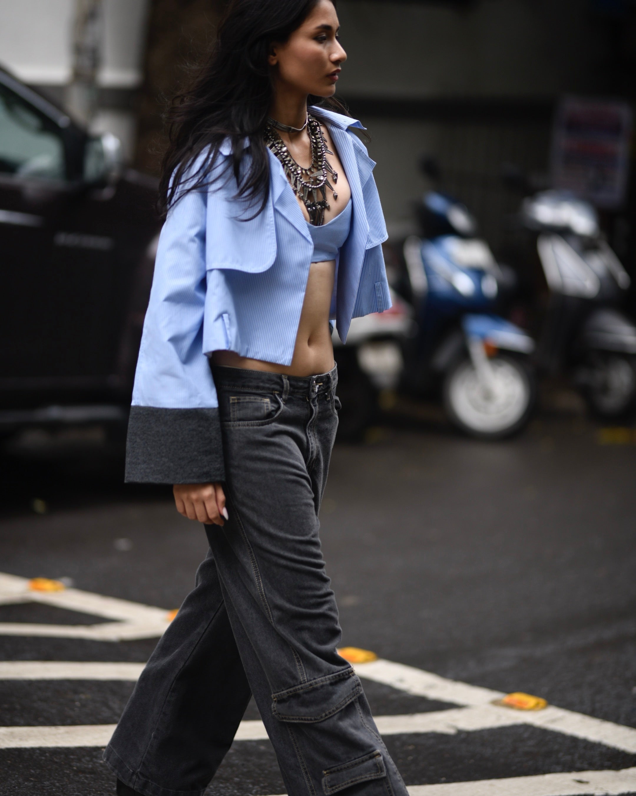 Blue Pinstripe Crop Jacket – Stylish and Modern Jacket