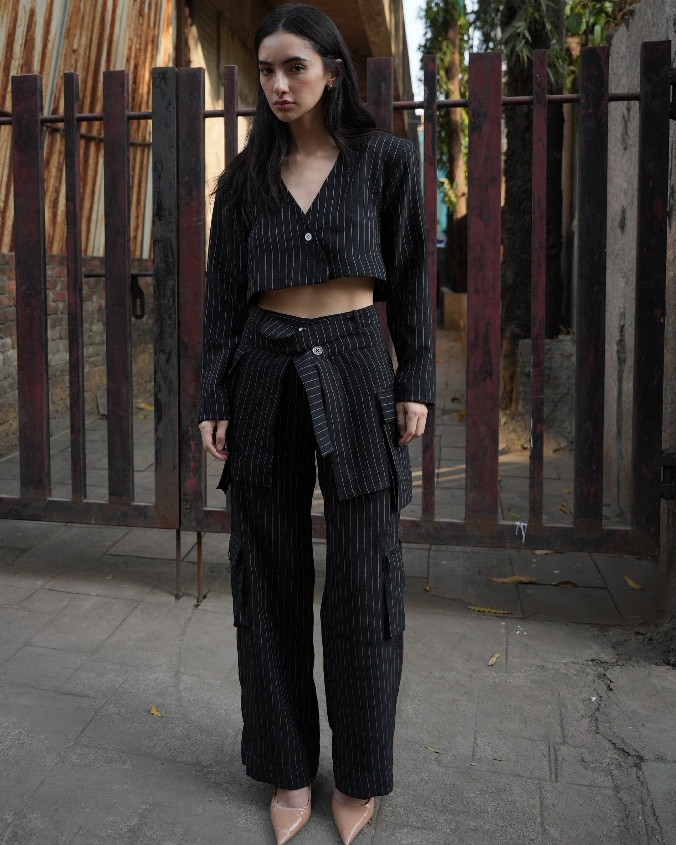 Pinstripe peplum pants