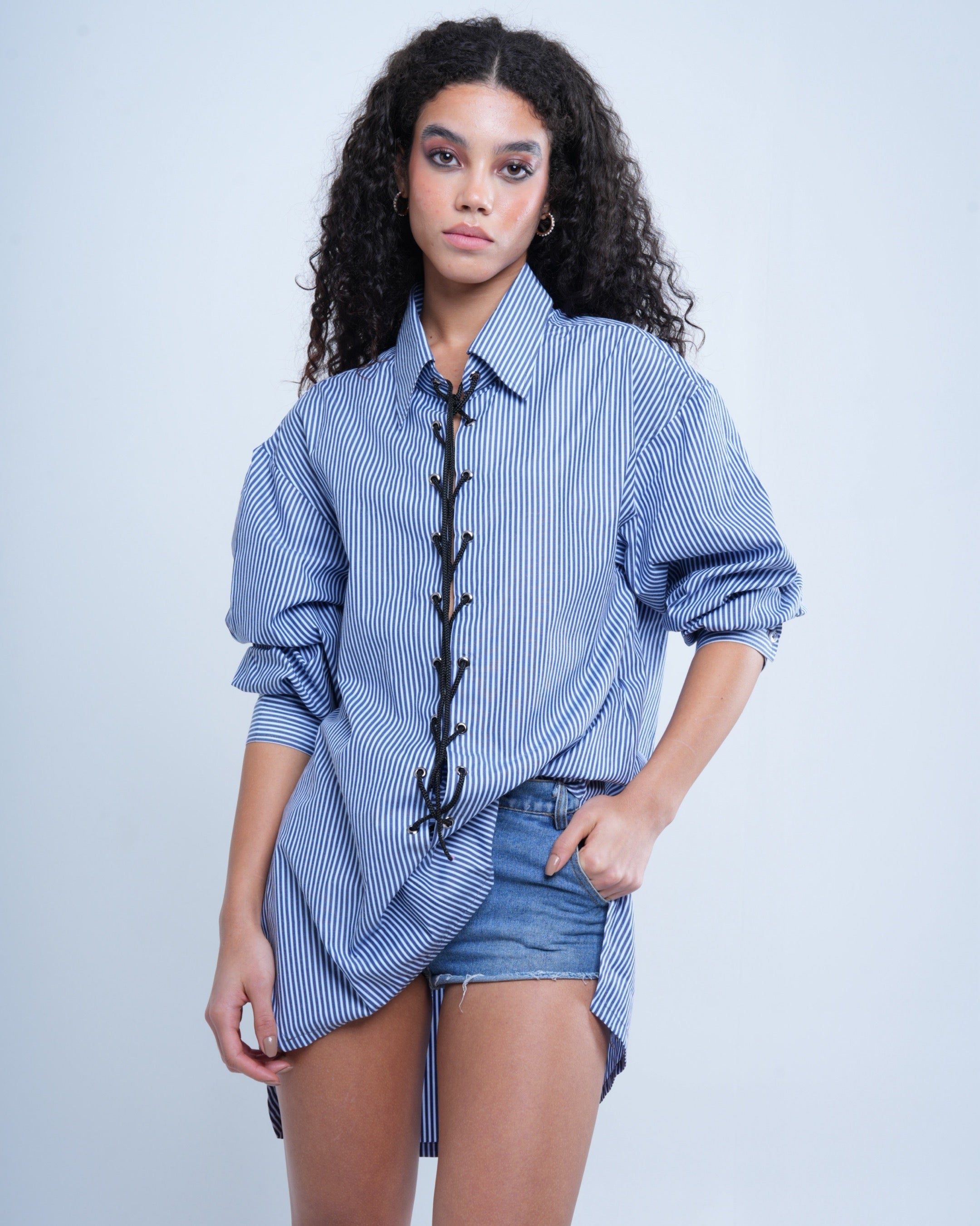 Blue Pinstripe Tie Up Shirt