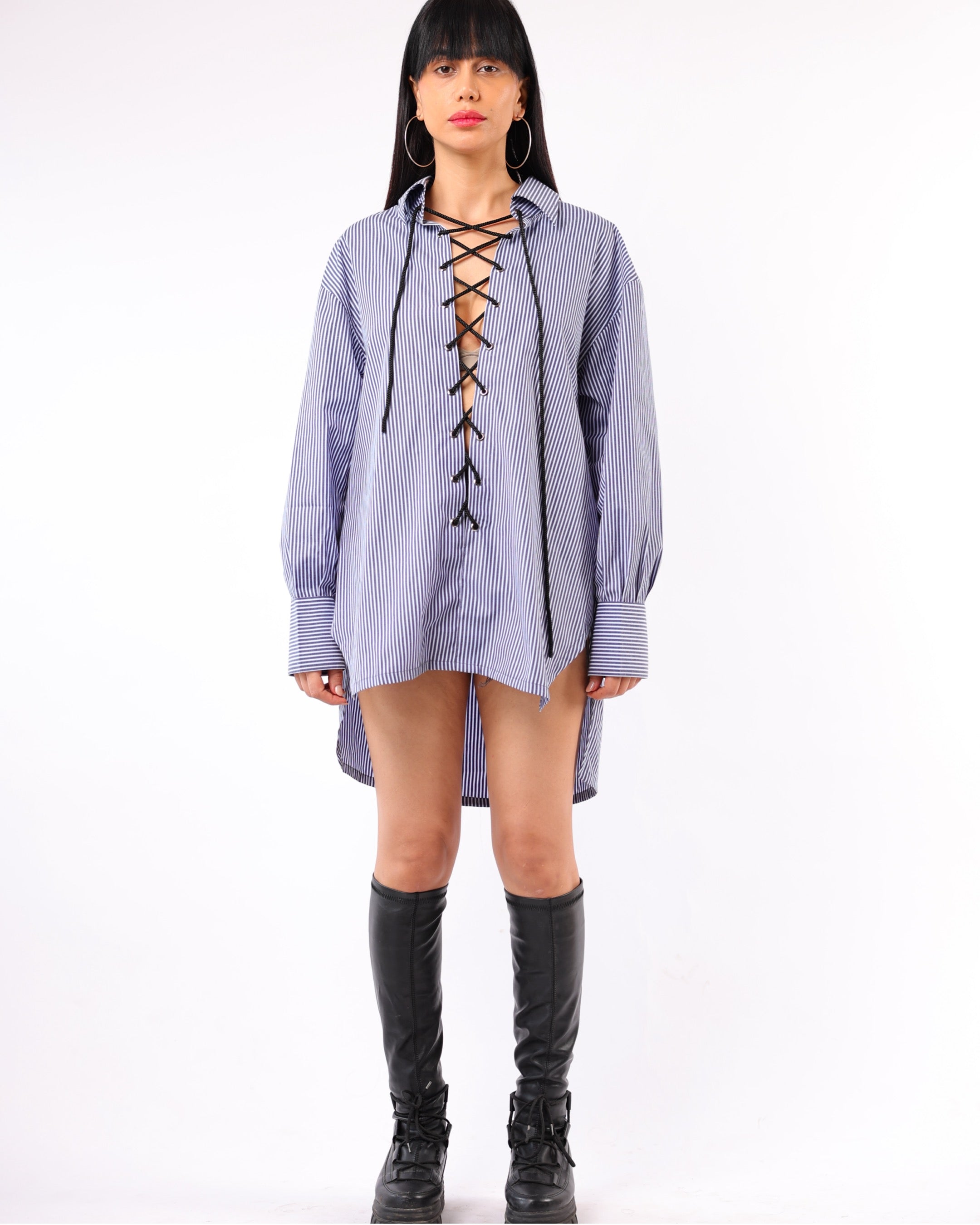 Blue Pinstripe Tie Up Shirt