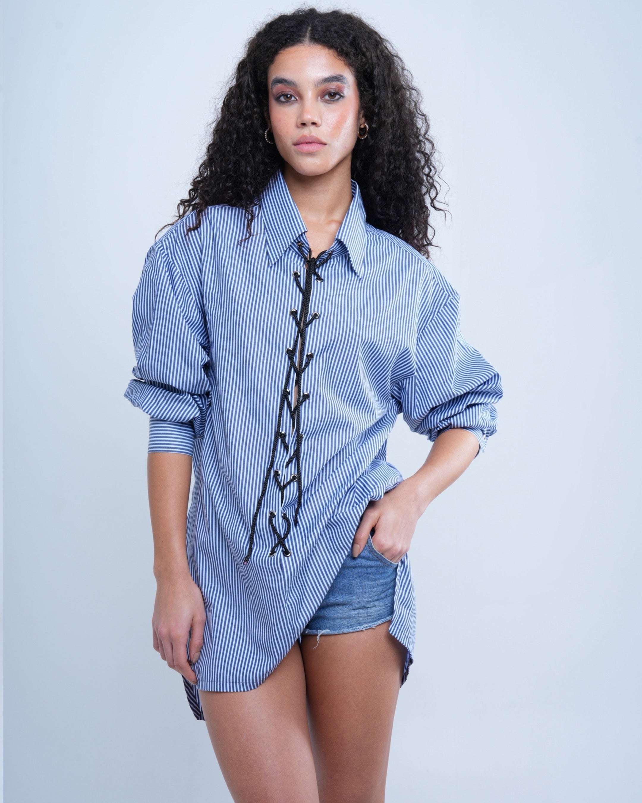 Blue Pinstripe Tie Up Shirt