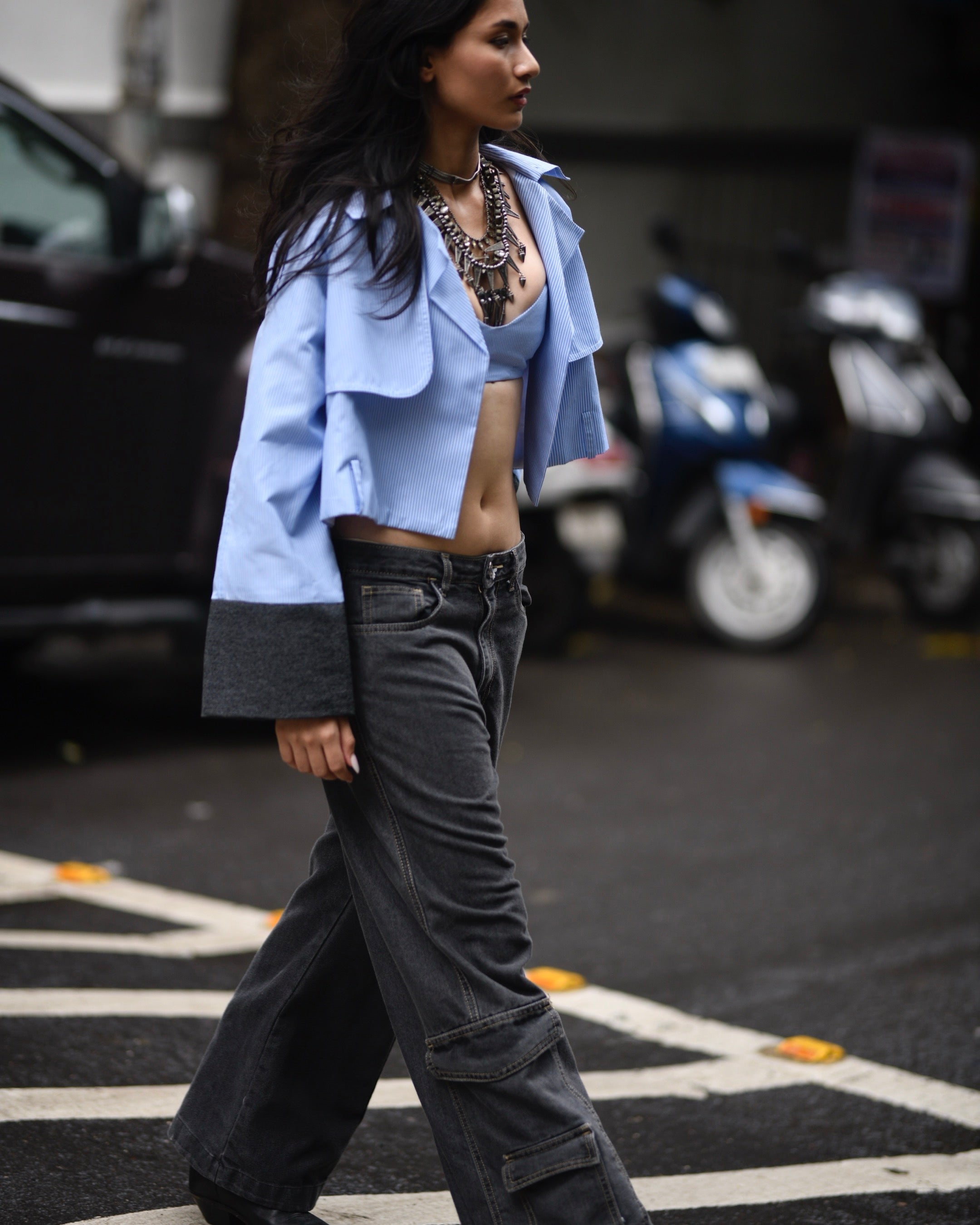 Blue Pinstripe Crop Jacket – Stylish and Modern Jacket