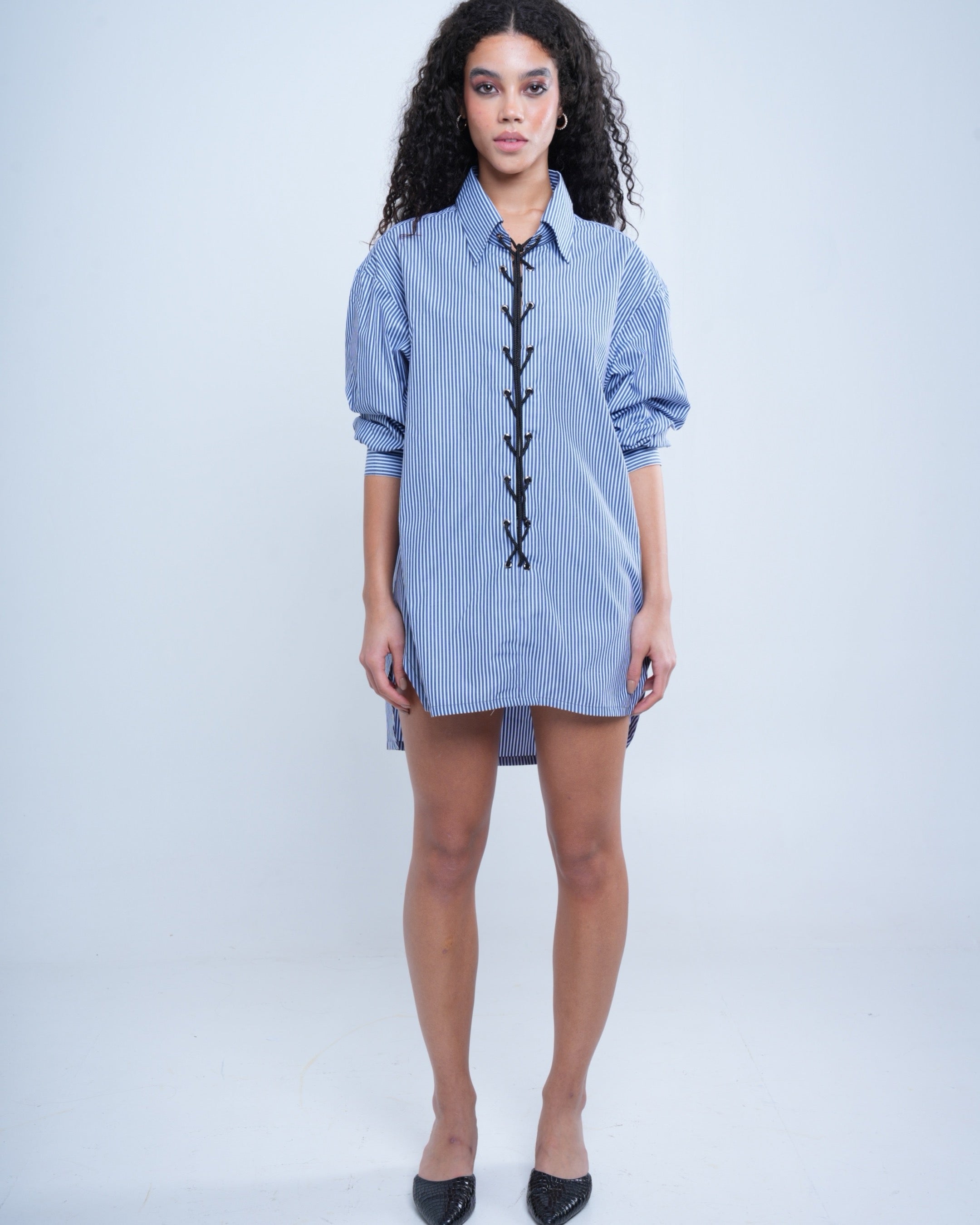 Blue Pinstripe Tie Up Shirt