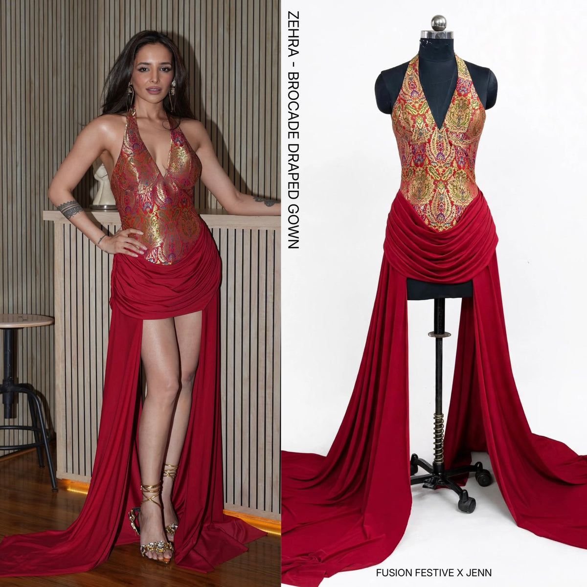 ZAHRA - Paisley Brocade Draped Gown